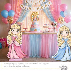 May include: Two large cardboard cutouts of a blonde princess character, one wearing a pink gown and the other a blue gown. The background features a birthday party setup with a tiered cake, pink and blue balloons, and a banner reading LILI'S BIRTHDAY.