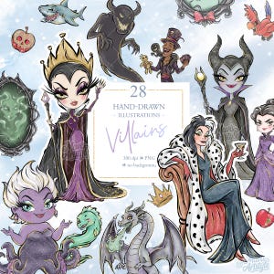 K&ouml;nnte beinhalten: Eine Sammlung von 28 handgezeichneten Illustrationen verschiedener Schurken. Die Bilder zeigen Charaktere wie Ursula, Maleficent und Cruella de Vil sowie andere b&ouml;se Charaktere und Objekte. Der Text "Villains" wird in einer dekorativen Schriftart angezeigt.