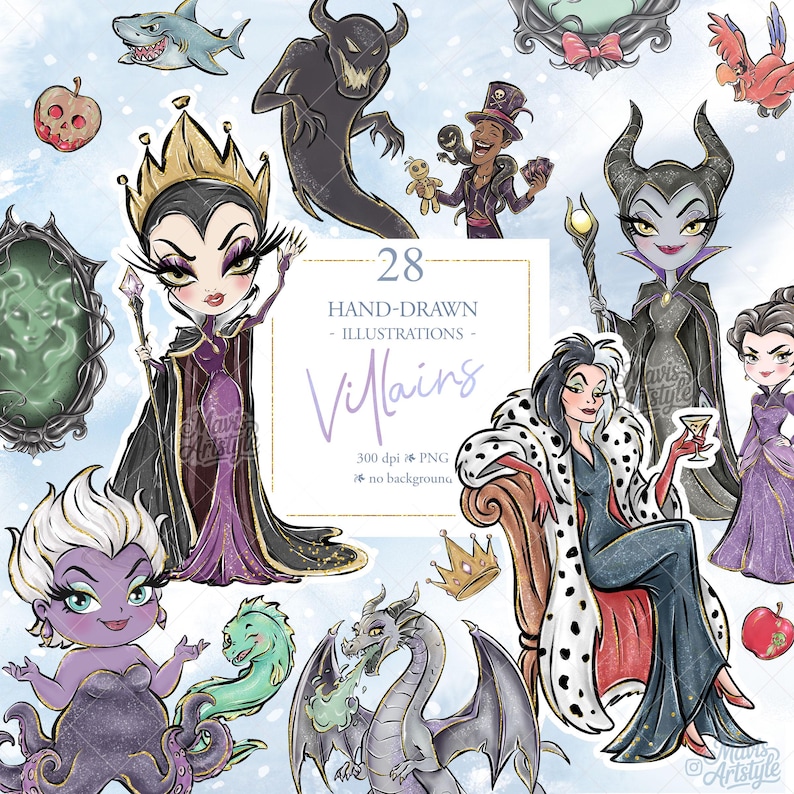K&ouml;nnte beinhalten: Eine Sammlung von 28 handgezeichneten Illustrationen verschiedener Schurken. Die Bilder zeigen Charaktere wie Ursula, Maleficent und Cruella de Vil sowie andere b&ouml;se Charaktere und Objekte. Der Text "Villains" wird in einer dekorativen Schriftart angezeigt.