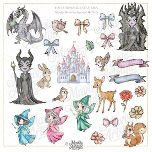May include: A collection of hand-drawn digital illustrations featuring a grey dragon, a castle, a queen on a throne, fairies in blue, pink, and green dresses, a deer, a rabbit, a squirrel, birds, flowers, ribbons, and banners with text.