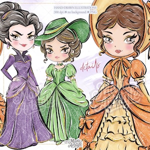 K&ouml;nnte beinhalten: Digitale Illustration von drei Cartoon-Frauen in eleganten Kleidern. Die Frauen tragen lila, gr&uuml;ne und orangefarbene Kleider mit goldenen Akzenten. Das Bild enth&auml;lt den Text "details", "HAND-DRAWN ILLUSTRATIONS 300 dpi no background PNG" und die Signatur des K&uuml;nstlers.