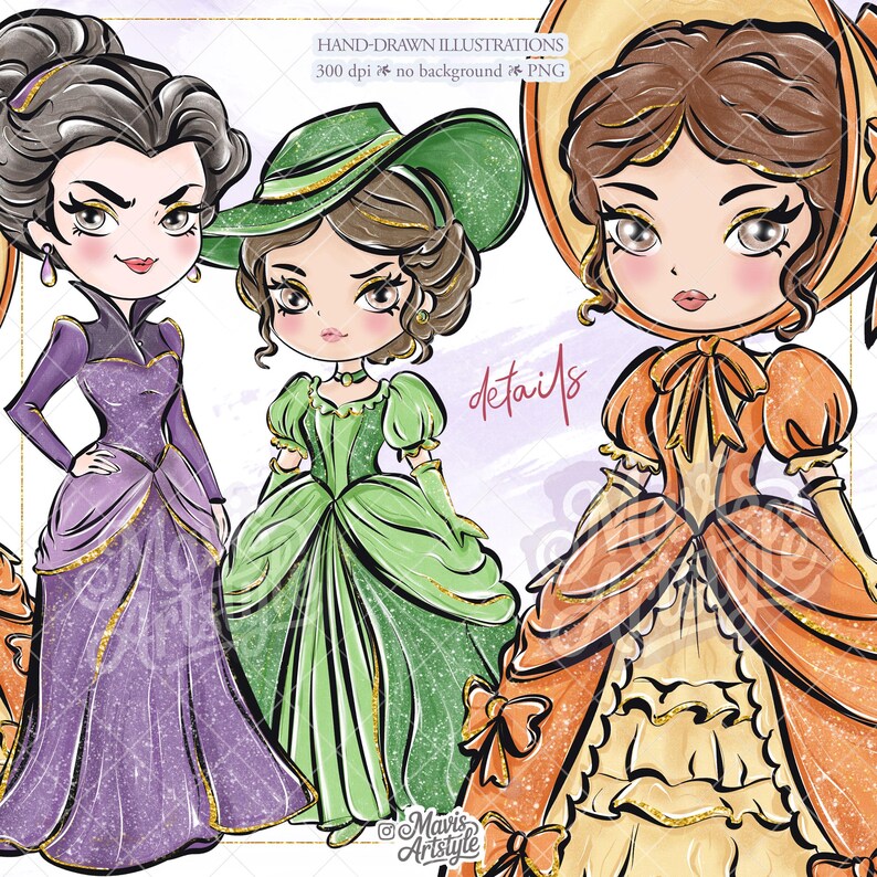 K&ouml;nnte beinhalten: Digitale Illustration von drei Cartoon-Frauen in eleganten Kleidern. Die Frauen tragen lila, gr&uuml;ne und orangefarbene Kleider mit goldenen Akzenten. Das Bild enth&auml;lt den Text "details", "HAND-DRAWN ILLUSTRATIONS 300 dpi no background PNG" und die Signatur des K&uuml;nstlers.