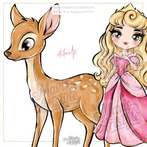 May include: A digital illustration featuring a brown fawn with white spots and a blonde princess in a pink gown with gold glitter accents. The image includes the text HAND-DRAWN ILLUSTRATIONS 300 dpi no background PNG, details, and Mavis Artstyle.
