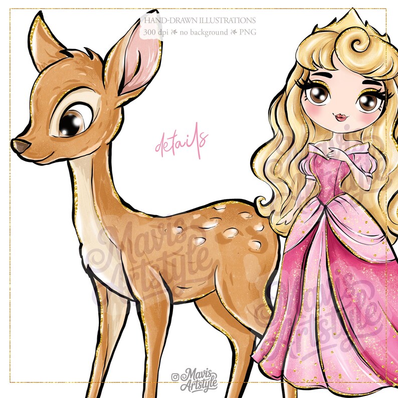 May include: A digital illustration featuring a brown fawn with white spots and a blonde princess in a pink gown with gold glitter accents. The image includes the text HAND-DRAWN ILLUSTRATIONS 300 dpi no background PNG, details, and Mavis Artstyle.