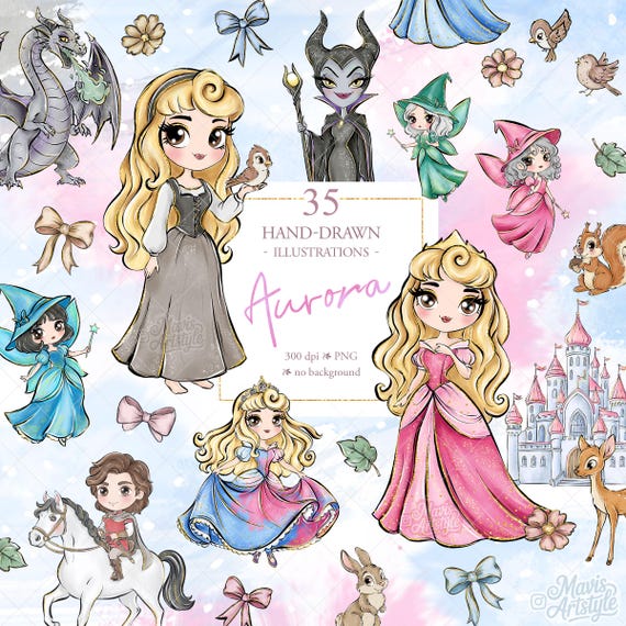 Sleeping Beauty Clipart, Aurora, Princess PNG, Fairytale illustration, Hand Drawn, Watercolor Kids Art, castle, pod design, instant download