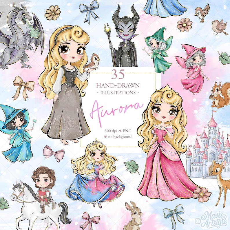 May include: A collection of 35 hand-drawn digital illustrations featuring a blonde princess in various dresses, a dark-horned villain, fairies, a dragon, a prince on a horse, a castle, and woodland animals, with text reading 35 HAND-DRAWN ILLUSTRATIONS.