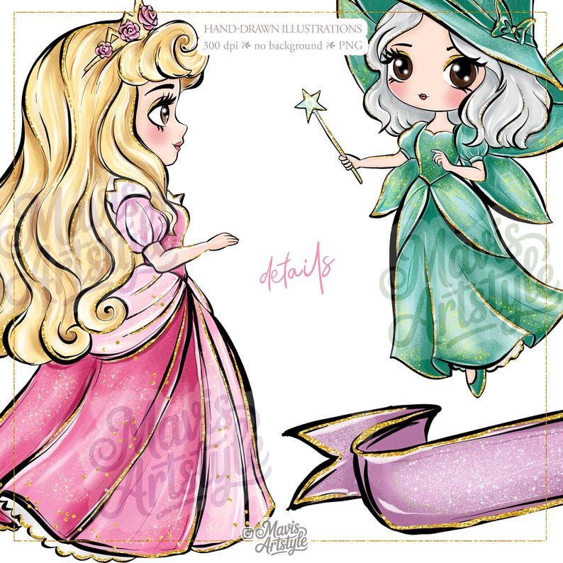 May include: Digital illustration featuring a blonde princess in a pink gown with a crown, a fairy in a green dress holding a star wand, and a purple ribbon banner. Text reads: HAND-DRAWN ILLUSTRATIONS 300 dpi no background PNG and details.