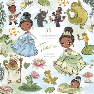 May include: A digital illustration featuring characters and elements from the movie "The Princess and the Frog." The image includes Princess Tiana in a blue and green gown, frogs, musical notes, and the text "Tiana".