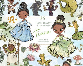 Frog Princess PNG, Tiana Clipart, Fairytale Watercolor Clipart, Hand Drawn, Cute Kids Art, pod design, instant download