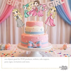 May include: A two-tiered cake decorated with pink and white frosting, light blue ribbons, and star accents, topped with several illustrated character cake toppers on wooden sticks. The text reads: our cliparts good for POD products, stickers, cake toppers, party signs, invitations and more. Mavis Artstyle.