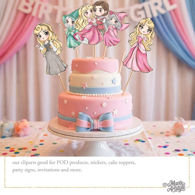 May include: A two-tiered cake decorated with pink and white frosting, light blue ribbons, and star accents, topped with several illustrated character cake toppers on wooden sticks. The text reads: our cliparts good for POD products, stickers, cake toppers, party signs, invitations and more. Mavis Artstyle.
