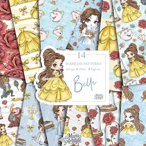 Digitala papper med Skönhetens Odjur, Prinsessan Belle sömlösa mönster | Söt barnkonst, Handritade originalkonstverk | Högupplöst JPG, Anpassad tygpod