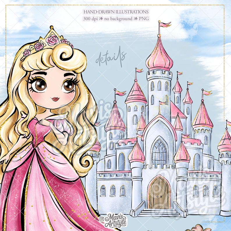 May include: A digital illustration of a blonde princess wearing a pink gown and a rose-adorned crown, positioned next to a large white castle with pink conical roofs. The image includes text reading HAND-DRAWN ILLUSTRATIONS 300 dpi no background PNG.