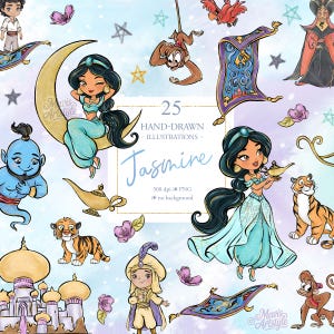 Puede incluir: Una colección de 25 ilustraciones digitales dibujadas a mano con personajes y elementos de la historia de Jasmine, incluyendo una princesa, un genio, un tigre, un mono, una alfombra mágica, una lámpara dorada y un palacio sobre fondo azul.