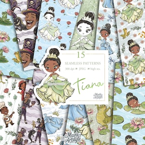 Peut inclure: Une collection numérique de 15 motifs sans couture illustrant un personnage en robe verte, un homme au chapeau haut-de-forme, une grenouille verte et des nénuphars. Le texte central indique 15 SEAMLESS PATTERNS 300 dpi JPEG high res. Tiana Mavis Artstyle.