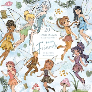 Puede incluir: Una colección digital de 20 ilustraciones de hadas dibujadas a mano titulada Fairy Friends, que presenta varios personajes alados con trajes coloridos, setas, hojas, notas musicales y carretes de hilo sobre un fondo azul claro.