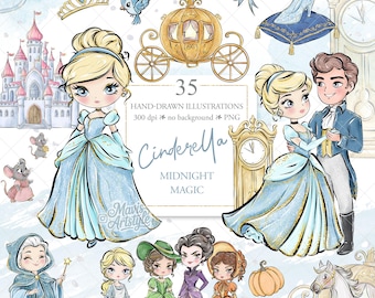 Cinderella Clipart, Märchen, Glitter Princess PNG - Hand gezeichnet, Kürbiswagen, Glasschuh, Pastell POD Kids Sublimation Art Fabric