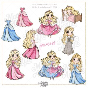 May include: A collection of digital illustrations featuring a blonde princess character in various poses, wearing pink and blue gowns, along with two standalone ballgowns, a sleeping princess in a bed, and text reading HAND-DRAWN ILLUSTRATIONS.