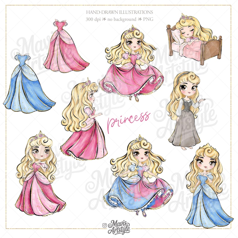 May include: A collection of digital illustrations featuring a blonde princess character in various poses, wearing pink and blue gowns, along with two standalone ballgowns, a sleeping princess in a bed, and text reading HAND-DRAWN ILLUSTRATIONS.