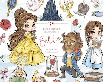 Schöne und Biest Clipart, Hand gezeichnet, Prinzessin PNG, Märchen, Schloss, Aquarell Kinder Sublimationskunst, Stoff POD