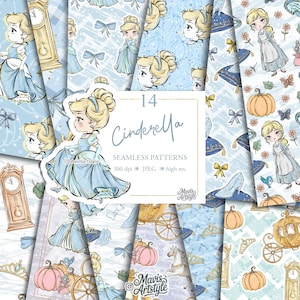 May include: A digital collection of 14 seamless patterns featuring illustrations of a blonde character in a blue gown, pumpkins, glass slippers, carriages, clocks, and bows. The text reads 14 Cinderella SEAMLESS PATTERNS 300 dpi JPEG high res.