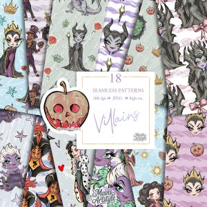 May include: A digital collection of 18 seamless patterns featuring cartoon-style villains, poison apples, and crowns. The central graphic displays a stylized poison apple with a skull design and the text 18 SEAMLESS PATTERNS 300 dpi JPEG high res.