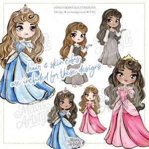 May include: A collection of six digital illustrations featuring chibi-style characters with long wavy hair, wearing various gowns in blue and pink, or a simple grey dress. The text reads HAND-DRAWN ILLUSTRATIONS 300 dpi no background PNG and hair & skin colours are included for these designs.