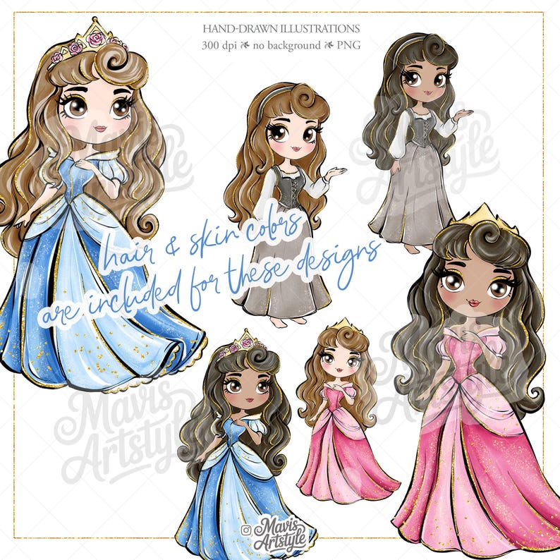 May include: A collection of six digital illustrations featuring chibi-style characters with long wavy hair, wearing various gowns in blue and pink, or a simple grey dress. The text reads HAND-DRAWN ILLUSTRATIONS 300 dpi no background PNG and hair & skin colours are included for these designs.
