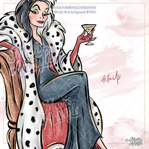 K&ouml;nnte beinhalten: Illustration einer Frau mit schwarz-wei&szlig;em Haar, die ein schwarzes und graues Kleid und einen Mantel mit Dalmatiner-Punkten tr&auml;gt. Sie h&auml;lt ein Martiniglas. Das Bild enth&auml;lt den Text "HAND-DRAWN ILLUSTRATIONS 300 dpi no background PNG" und "details".