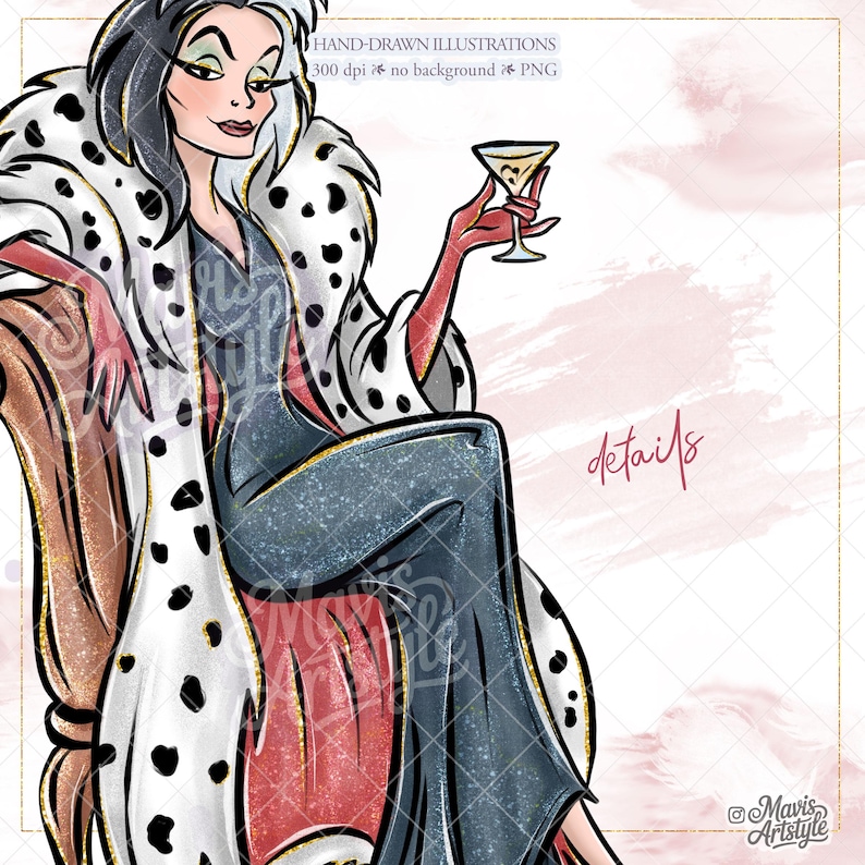 K&ouml;nnte beinhalten: Illustration einer Frau mit schwarz-wei&szlig;em Haar, die ein schwarzes und graues Kleid und einen Mantel mit Dalmatiner-Punkten tr&auml;gt. Sie h&auml;lt ein Martiniglas. Das Bild enth&auml;lt den Text "HAND-DRAWN ILLUSTRATIONS 300 dpi no background PNG" und "details".