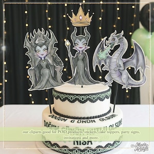 K&ouml;nnte beinhalten: Eine zweist&ouml;ckige wei&szlig;e Torte mit schwarzem Spitzensaum und Tortenaufs&auml;tzen mit Cartoon-Charakteren. Die Aufs&auml;tze umfassen einen Drachen, eine K&ouml;nigin mit einer Krone und eine weitere K&ouml;nigin, die auf einem Thron sitzt. Die Torte hat t&uuml;rkischen Text.