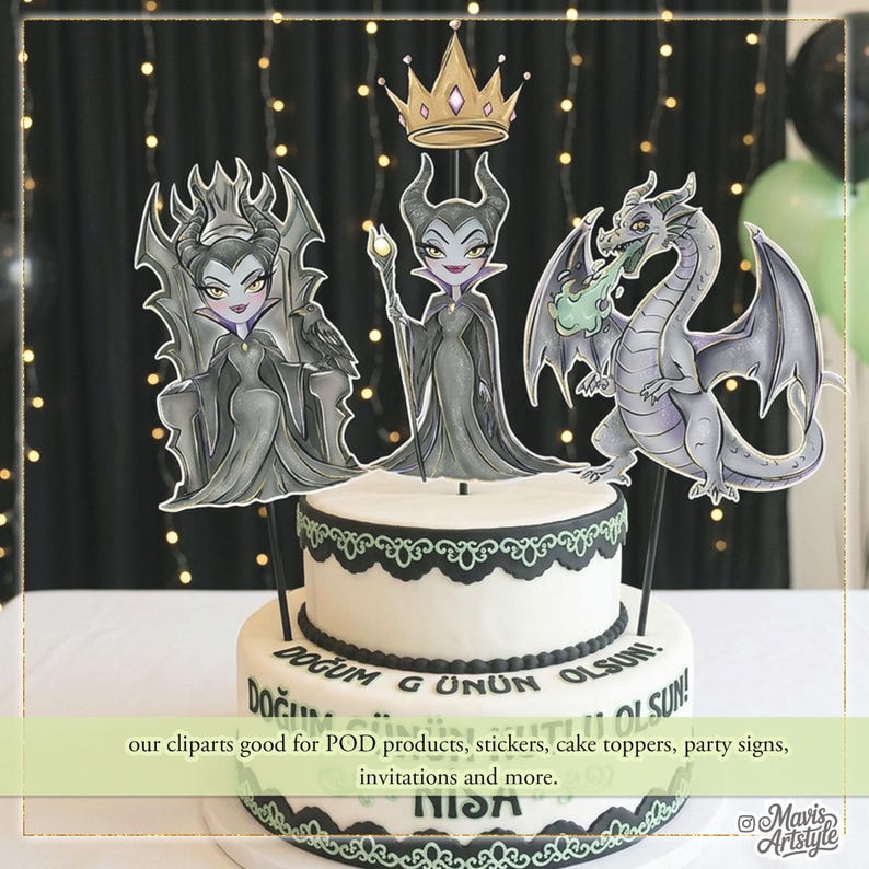K&ouml;nnte beinhalten: Eine zweist&ouml;ckige wei&szlig;e Torte mit schwarzem Spitzensaum und Tortenaufs&auml;tzen mit Cartoon-Charakteren. Die Aufs&auml;tze umfassen einen Drachen, eine K&ouml;nigin mit einer Krone und eine weitere K&ouml;nigin, die auf einem Thron sitzt. Die Torte hat t&uuml;rkischen Text.