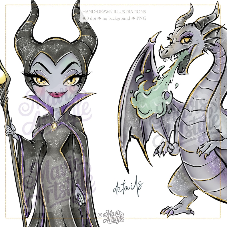 May include: A digital illustration featuring a stylised character with large horns wearing a black gown with purple accents and holding a staff, alongside a grey dragon breathing green fire. Text includes HAND-DRAWN ILLUSTRATIONS, 300 dpi, no background, PNG, details, and Mavis Artstyle.