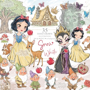 以下が含まれることがあります： 白雪姫、悪の女王、7人の小人を描いたデジタルイラスト。画像には鹿、コテージ、蝶が含まれています。テキストには「35枚の手描きイラスト - 300 dpi PNG 背景なし」と「白雪姫」と書かれています。