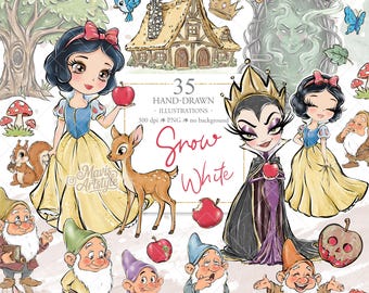 Schneewittchen Clipart, Hand gezeichnete Prinzessin PNG, Märchen, sieben Zwerge, Hirsch, Cottage, Königin, Prinz, Glitter Kids Art, POD-Stoff