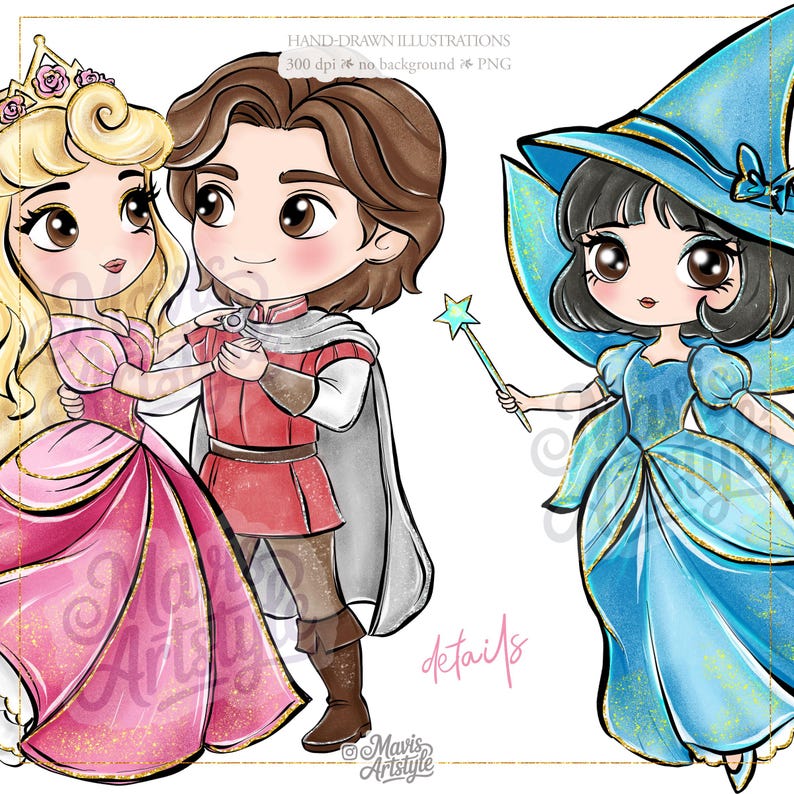 May include: Digital illustration featuring three chibi-style characters: a blonde princess in a pink gown and crown, a brown-haired prince in a red tunic and grey cape, and a dark-haired fairy in a blue dress and hat holding a star-tipped wand.