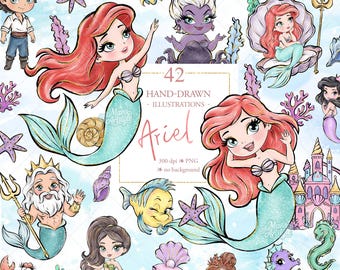 Ariel Clipart, Meerjungfrau PNG, Unterwasser, Seepferdchen, Ozean Fantasy, süße Prinzessin, Hand gezeichnet, Meerjungfrau schwänze, Kinder Kunst