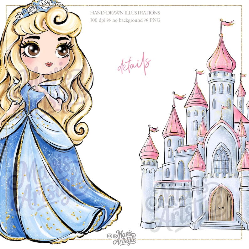 May include: A digital illustration featuring a blonde princess in a blue gown with a tiara and a large castle with pink turrets. Text includes HAND-DRAWN ILLUSTRATIONS 300 dpi no background PNG, details, and Mavis Artstyle branding throughout.