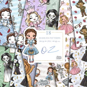May include: A digital collection of 18 seamless patterns featuring cartoon characters from Oz, including a girl with a basket, a lion, a tin man, a scarecrow, and a witch. The central text reads 18 SEAMLESS PATTERNS 300 dpi JPEG high res. Oz.