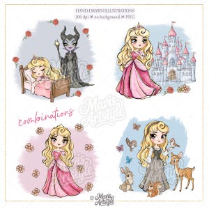 May include: A collection of hand-drawn digital illustrations featuring a blonde princess in a pink gown, a dark-robed figure with horns, a castle, a deer, a rabbit, a squirrel, and birds. The text reads HAND-DRAWN ILLUSTRATIONS, 300 dpi, no background, PNG.
