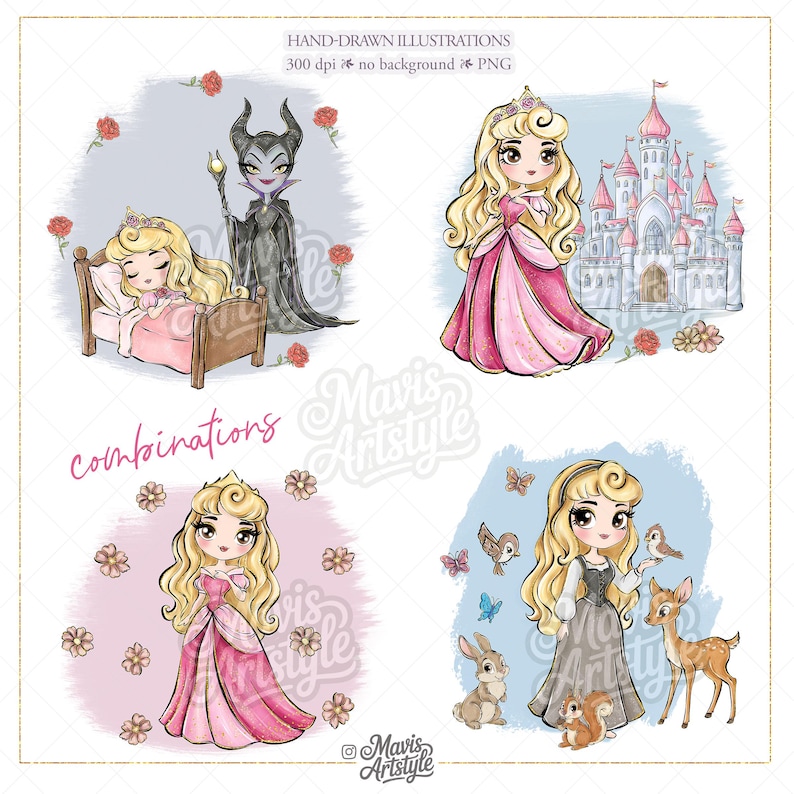 May include: A collection of hand-drawn digital illustrations featuring a blonde princess in a pink gown, a dark-robed figure with horns, a castle, a deer, a rabbit, a squirrel, and birds. The text reads HAND-DRAWN ILLUSTRATIONS, 300 dpi, no background, PNG.