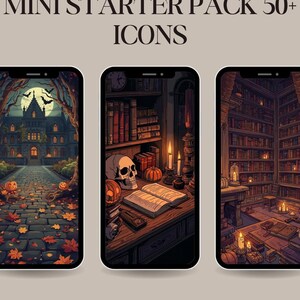 May include: Three smartphones displaying digital wallpapers with a dark, atmospheric theme. The text MINI STARTER PACK 50+ ICONS is centered at the top. The screens show a gothic mansion, a desk with a skull and candles, and a library interior.