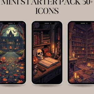 Peut inclure: Trois smartphones affichant des illustrations d'Halloween. Les écrans présentent une maison hantée, une bibliothèque avec un crâne et des citrouilles, et une salle de lecture. Le texte "MINI STARTER PACK 50+ ICONS" est visible en haut.