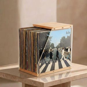 Caixa de madeira artesanal para guardar discos de vinil, organizador para coleção de LPs, presente para amantes da música.