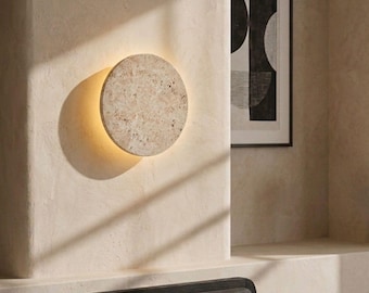 Aplique de pared de travertino – Lámpara minimalista de piedra Wabi Sabi, luz ambiental cálida, lámpara de pared moderna de lujo