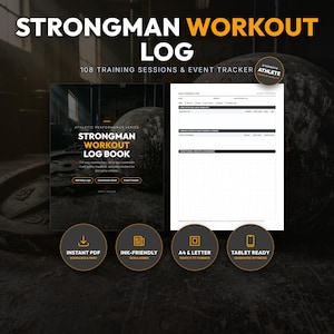 Op de afbeelding: Een Strongman workout logboek met 108 trainingssessies en een event tracker. Het digitale document bevat een dagelijkse workout logpagina met secties voor datum, gewicht en oefeningen, plus iconen voor instant PDF, inktvriendelijk, A4 en letter formaten.