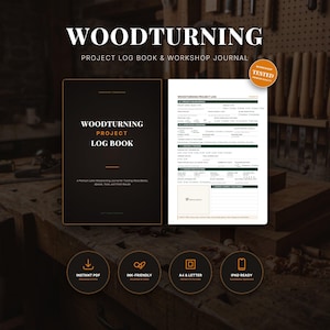 May include: A Woodturning Project Log Book and Workshop Journal featuring a black cover with white text and an open page displaying a detailed project tracking template. The journal includes sections for project details, lathe setup, sanding, finishing, and specifications.
