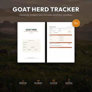 Op de afbeelding: Een digitaal logboek voor het bijhouden van een geitenkudde met twee open pagina's met velden voor identificatie, profielen en medische gegevens. Het bevat koppen zoals GOAT HERD RECORD KEEPING LOG BOOK en HOMESTEAD READY, met iconen voor PDF, A4, letter en iPad-formaten.