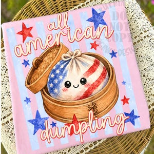 May include: Pink t-shirt with a graphic of a dumpling in a bamboo steamer, decorated with the American flag. The text "all american dumpling" is written in a playful font, with red and blue stars.