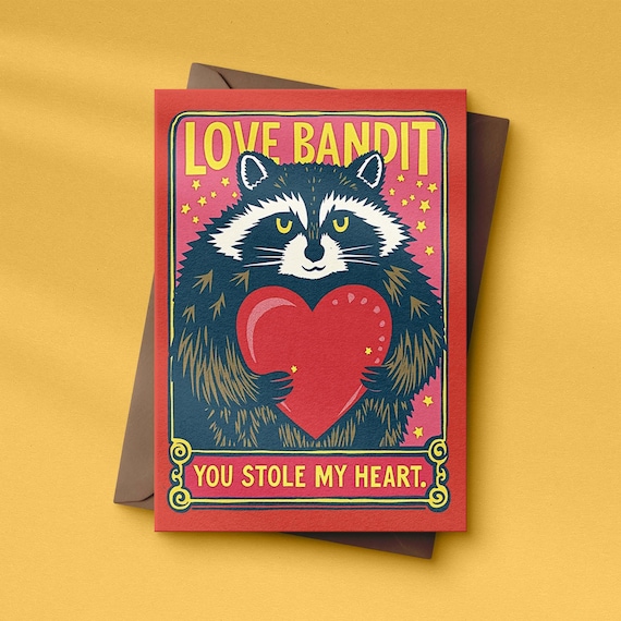 Love Bandit Valentinstagskarte | Waschbär Grußkarte „You Stole My Heart“ | Retro A6 Liebeskarte | Süße Tierkarte mit Umschlag